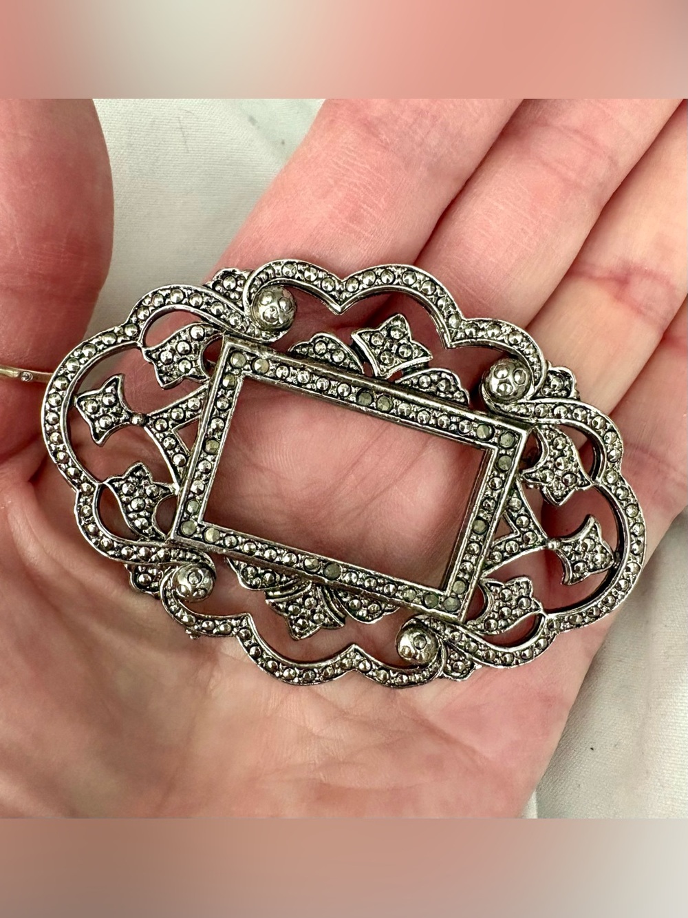 Vintage Miriam Haskell Marcasite Picture Frame Brooch Signed 2.75”